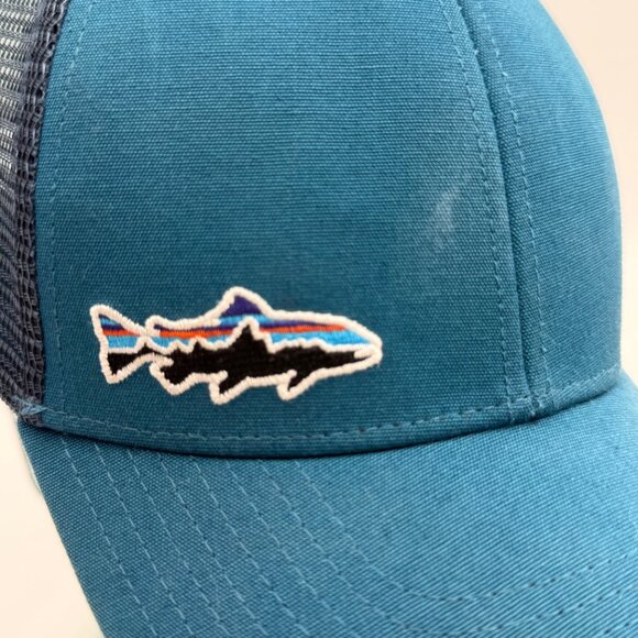 PATAGONIA Mesh Trucker Hat Mens One Size Trout Blue Teal Snapback Adjustable Cap - Picture 6 of 10